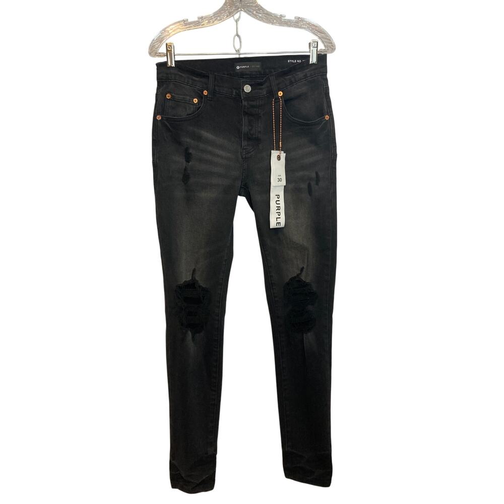 NWT Purple Brand P001 Slim Fit Low Rise Dark Black Denim Distressed Skinny Jeans